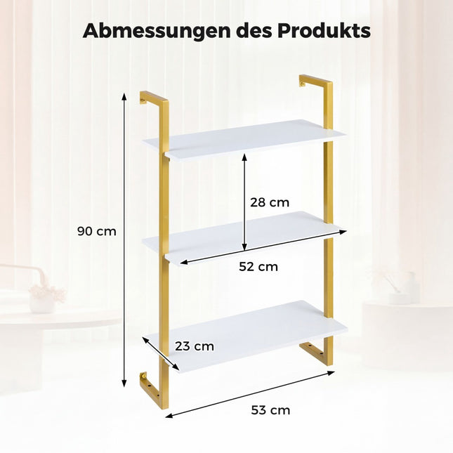 3-stöckiges Wandregal mit Metallrahmen – Weiß, 53x23x90 cm