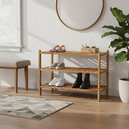3-Tier Walnut Shoe Rack – Stackable, Holds 9 Pairs