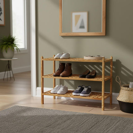 3-Tier Walnut Shoe Rack – Stackable, Holds 9 Pairs