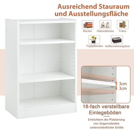 Weißes 3-stöckiges Bücherregal mit verstellbaren Einlegeböden, 50x30x75 cm