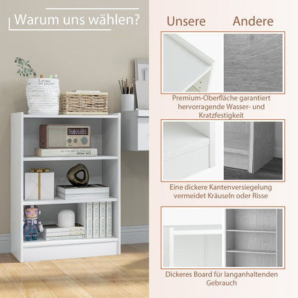 Weißes 3-stöckiges Bücherregal mit verstellbaren Einlegeböden, 50x30x75 cm