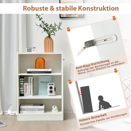 Weißes 3-stöckiges Bücherregal mit verstellbaren Einlegeböden, 50x30x75 cm