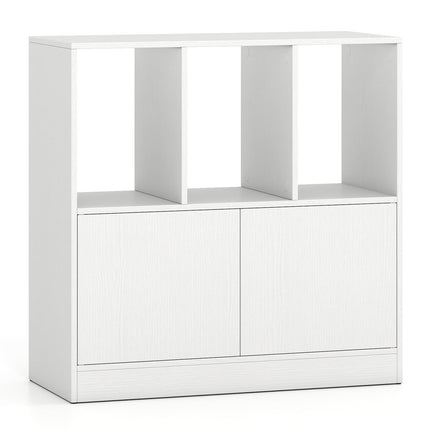 3patrová bílá knihovna s dvířky a otevřenými boxy
