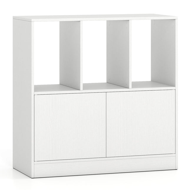 3patrová bílá knihovna s dvířky a otevřenými boxy