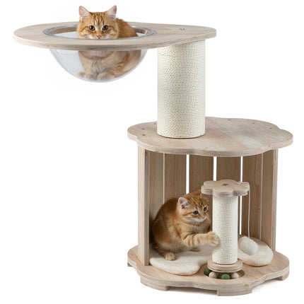 3-Tier Wood Cat Tree with Capsule and Scratch Posts