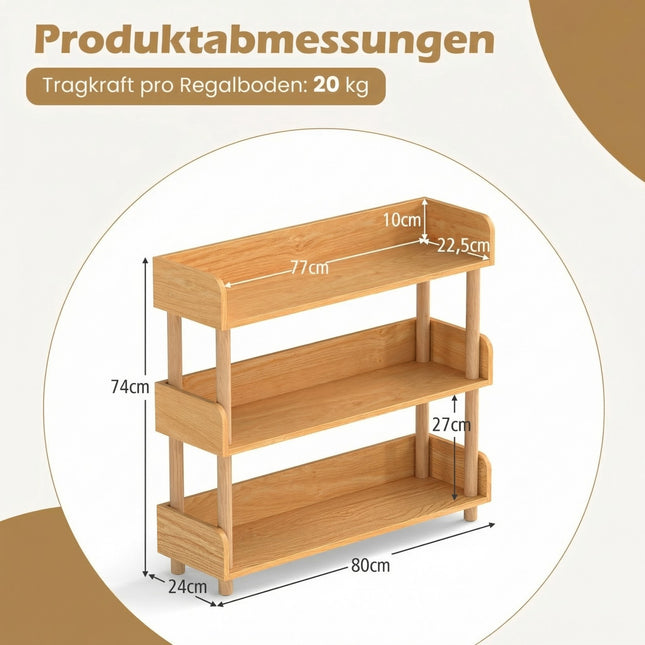 3-stöckiges Holzregal mit offenen Regalböden und seitlichen Streben