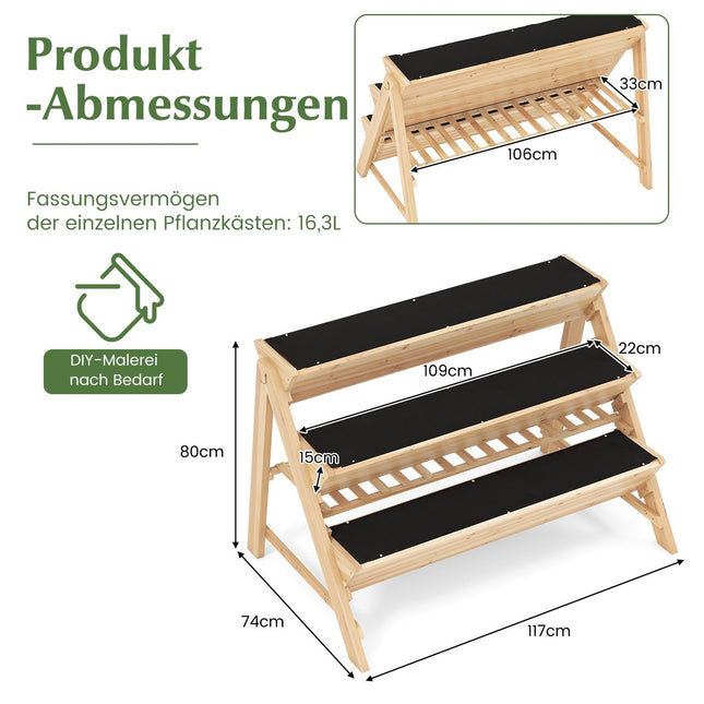 3-stöckiges Hochbeet aus Holz mit Ablage und Haken