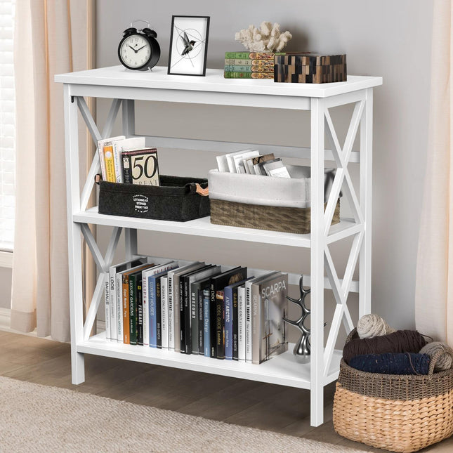 3-stöckiges Bücherregal aus Holz mit X-Rahmen, Weiß