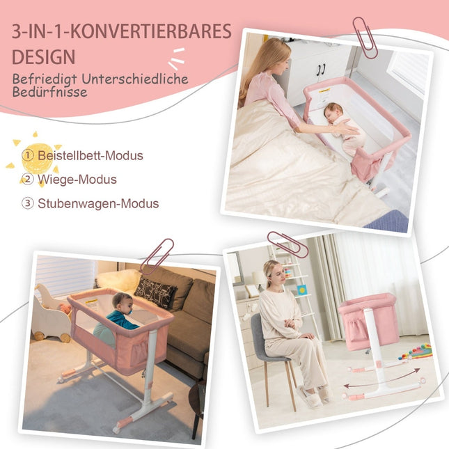 3-in-1 Beistellbett & Stubenwagen, verstellbar, Rosa