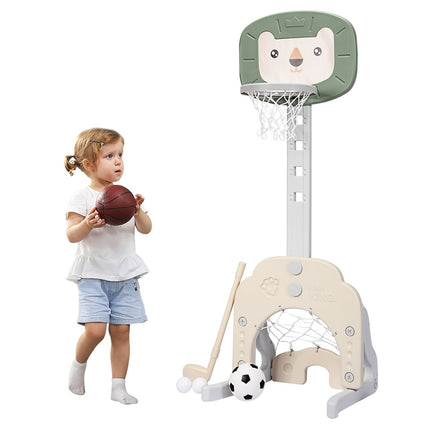 3-in-1 basketbalringset voor peuters, basketbalring met verstelbare hoogte, basketbal-, voetbal- en golfset, groen + wit