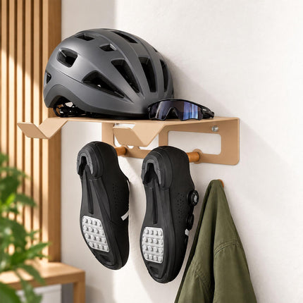3-in-1 Bike Wall Mount with Shelf and Hooks, Steel and Wood – Beige, 30 kg