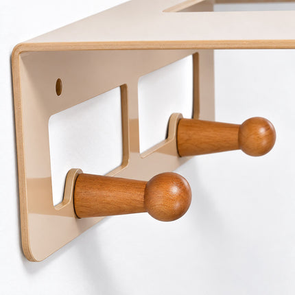 3-in-1 Bike Wall Mount with Shelf and Hooks, Steel and Wood – Beige, 30 kg