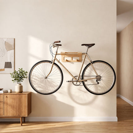 3-in-1 Bike Wall Mount with Shelf and Hooks, Steel and Wood – Beige, 30 kg