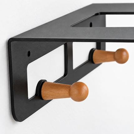 3-in-1 Bike Wall Mount with Shelf and Hooks, Steel and Wood – Black, 30 kg