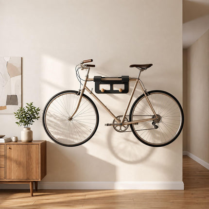 3-in-1 Bike Wall Mount with Shelf and Hooks, Steel and Wood – Black, 30 kg