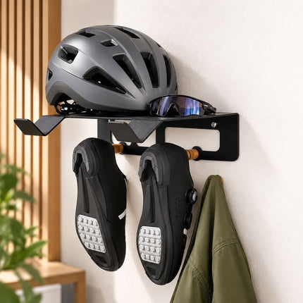 3-in-1 Bike Wall Mount with Shelf and Hooks, Steel and Wood – Black, 30 kg