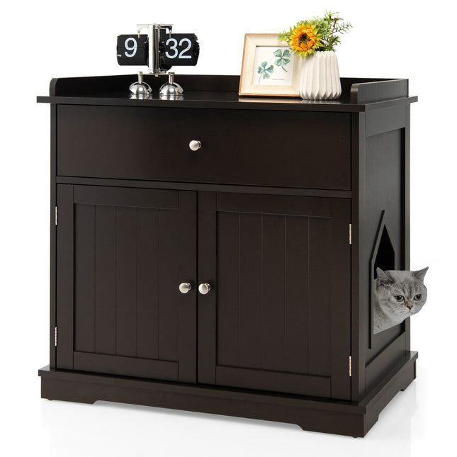 3-in-1 Katzenhaus Katzentoilette Beistelltisch mit Schublade, Braun