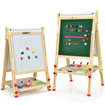 3 in 1 Children's Double-Sided Wooden Easel with Whiteboard & Chalkboard & Drawing Paper