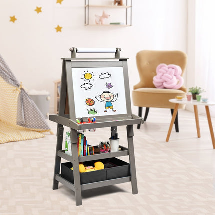 3 in 1 Kinderstaffelei Kindertafel Doppelseitiges Whiteboard &amp; Kreidetafel &amp; Zeichenpapier für Kleinkinder Grau