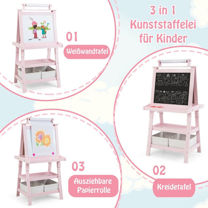 3 in 1 Kinderstaffelei, doppelseitig, Whiteboard &amp; Kreidetafel &amp; Zeichenpapier, Rosa
