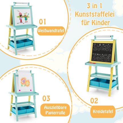 3-in-1-Staffelei für Kinder, doppelseitig, Whiteboard &amp; Kreidetafel &amp; Zeichenpapier, Gelb + Blau