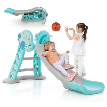 3 in 1 Children's Slide & Ladder & Basketball Hoop Folding Slide Playset with Buffer Zone Blue