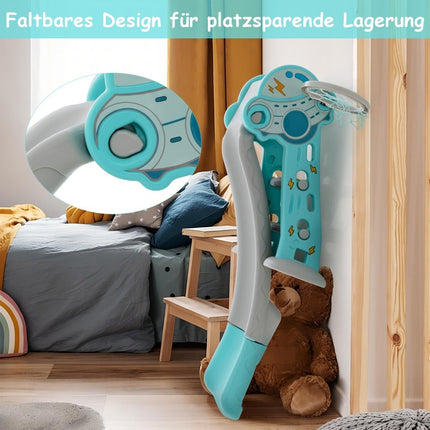 3 in 1 Children's Slide & Ladder & Basketball Hoop Folding Slide Playset with Buffer Zone Blue