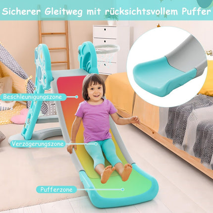 3 in 1 Children's Slide & Ladder & Basketball Hoop Folding Slide Playset with Buffer Zone Blue