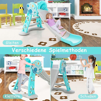 3 in 1 Children's Slide & Ladder & Basketball Hoop Folding Slide Playset with Buffer Zone Blue