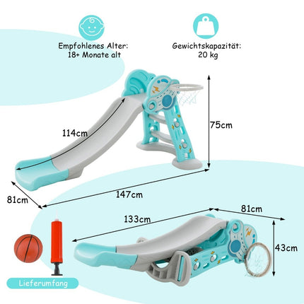 3 in 1 Children's Slide & Ladder & Basketball Hoop Folding Slide Playset with Buffer Zone Blue