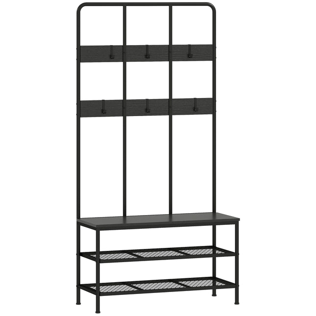 3-in-1 Garderobe mit Sitzbank und Schuhablage, Metall schwarz