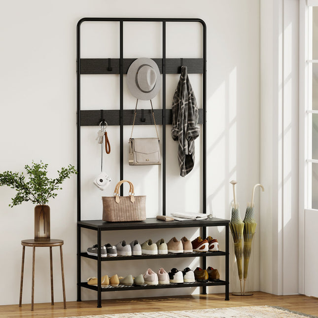 3-in-1 Garderobe mit Sitzbank und Schuhablage, Metall schwarz