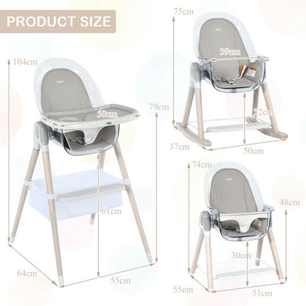 3-in-1-Wandelbarer Baby-Hochstuhl, Höhenverstellbar, Grau