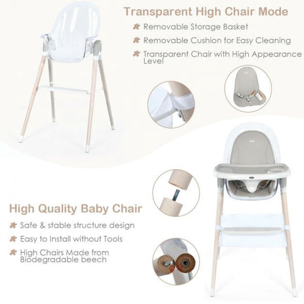 3-in-1-Wandelbarer Baby-Hochstuhl, Höhenverstellbar, Grau