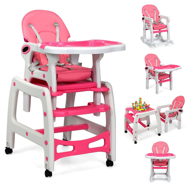 3-in-1-Wandelbarer Babyhochstuhl mit Tablett, Rosa