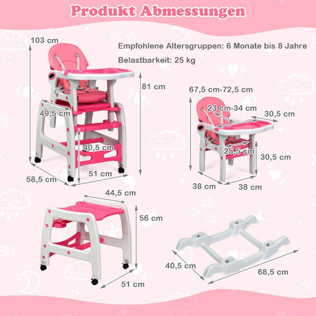 3-in-1-Wandelbarer Babyhochstuhl mit Tablett, Rosa