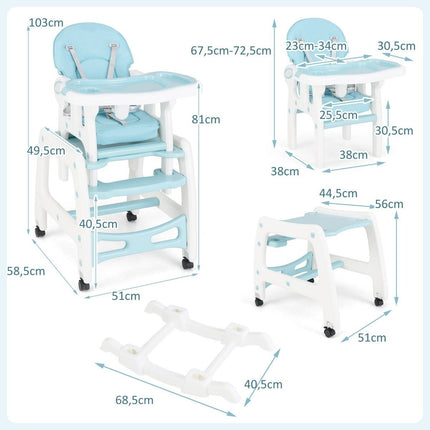 3-in-1-Wandelbarer Babyhochstuhl mit Rollen, Blau