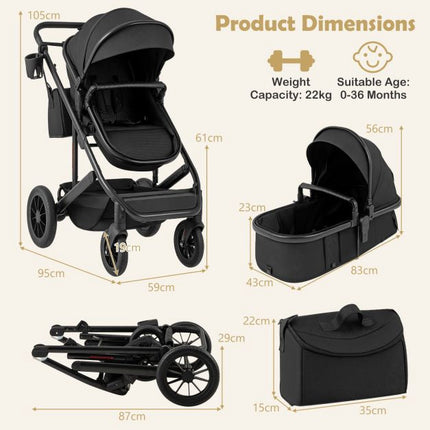 3-in-1-Kombikinderwagen mit abnehmbarem Babykorb