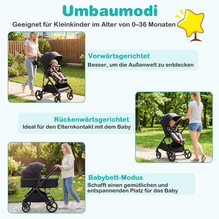 3-in-1 Foldable Stroller with Reversible Seat & Recline Function
