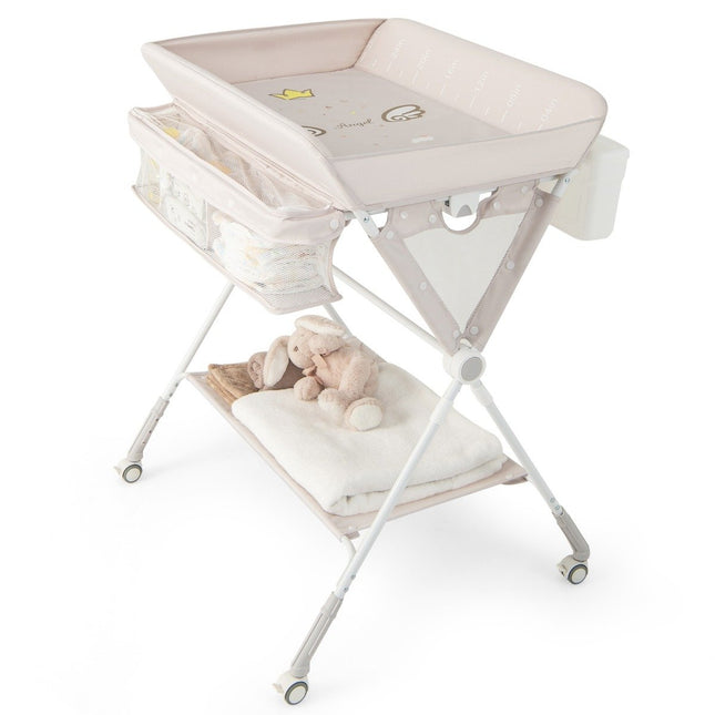 3 in 1 Wickeltisch klappbar mit Rollen &amp; Abfalleimer Mobiler Wickeltisch Wickelstation Beige
