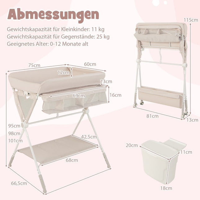 3 in 1 Wickeltisch klappbar mit Rollen &amp; Abfalleimer Mobiler Wickeltisch Wickelstation Beige
