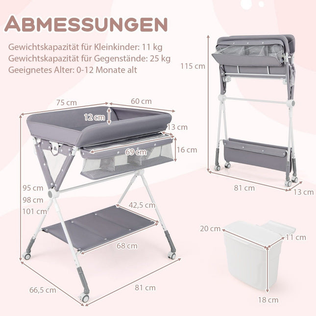 3 in 1 Wickeltisch klappbar mit Rollen &amp; Mülleimer Mobiler Wickeltisch Wickelstation Grau