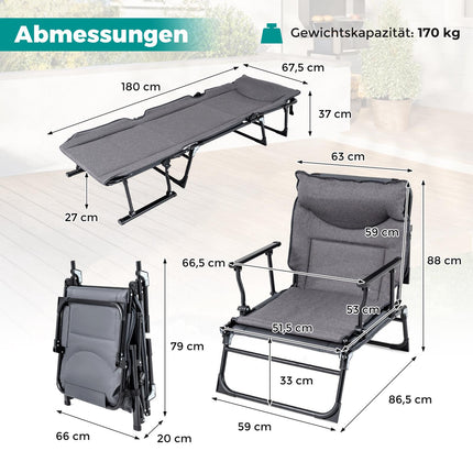3 in 1 Folding Sun Lounger with Adjustable Backrest