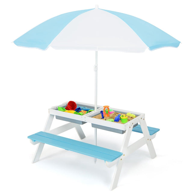 3-in-1 Kinder Outdoor-Spieltisch mit Sonnenschirm