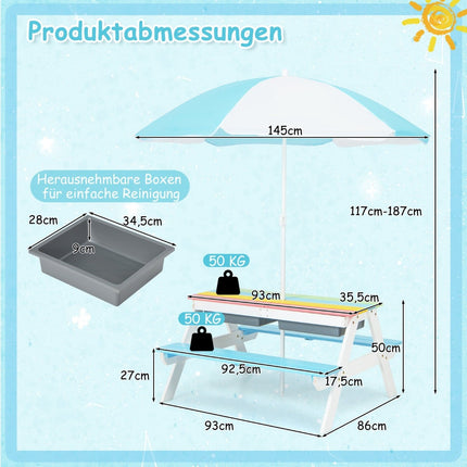 3-in-1 Kinder Outdoor-Spieltisch mit Sonnenschirm