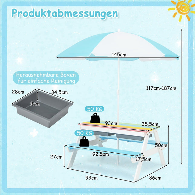 3-in-1 Kinder Outdoor-Spieltisch mit Sonnenschirm