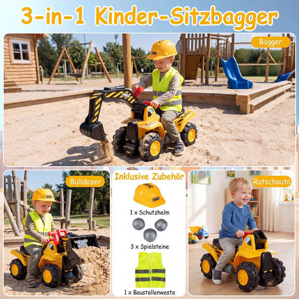 3-in-1 Kids Ride-On Excavator Bulldozer with Sound & Helmet