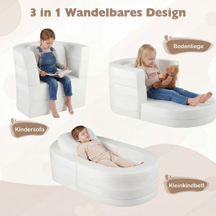 3-in-1 Kids Sofa Bed with Soft Foam & Pillow, Beige