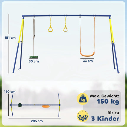 3-in-1 Kids Swing Set, Steel Frame, 150 kg Capacity