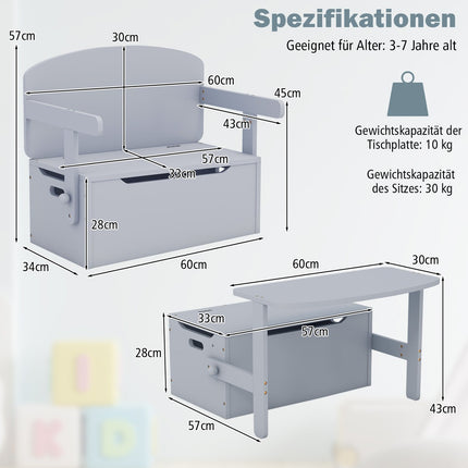 3-in-1 Kindertisch-Set mit Aufbewahrung, Holz, Grau